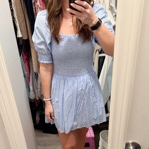 Aqua blue & white striped mini dress. Puff short sleeves. Size s
